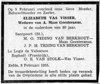 Overlijdensbericht E. (Elizabeth) Vas Visser (1955)